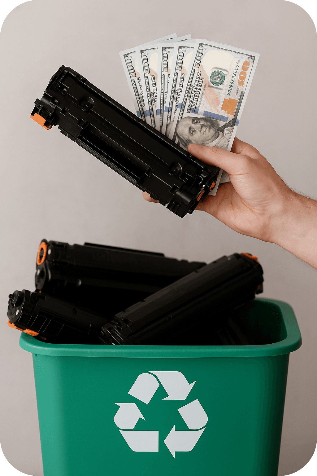 A realistic photo of used toner cartridges being collected and sorted on a clean table surface, with hands placing cartridges into a recycling box, representing the process of recycling toner cartridges for money.